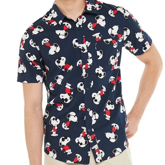 Men's Peanuts Snoopy Joe Cool Button-Down Shirt, Navy, Size Small - Picture 1 of 6